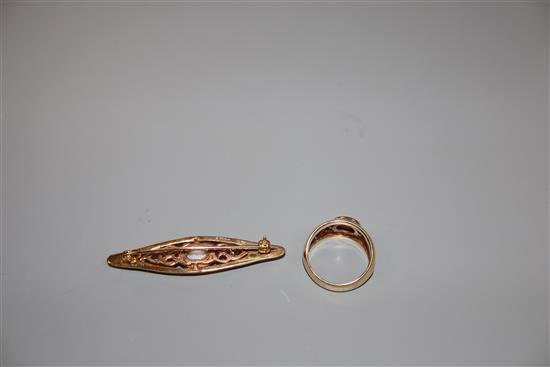 An opal and 9ct two-colour gold Celtic design brooch and ring en suite, ring size M, gross 11.2 grams.